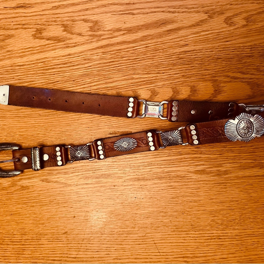 Vintage Brown Leather Belt with Silver Accents, adjusrable